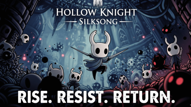 Hollow Knight: Silksong promotional image featuring Hornet with red cloak, launching first on Kinguin with discount offer.