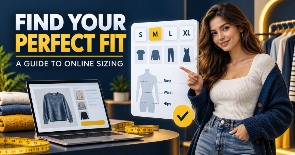 : Choosing the right clothing size online using a size chart and measuring tape