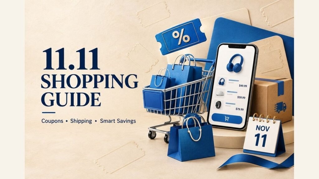 AliExpress 11.11 Sale 2026 guide showing coupons, shipping parcel, shopping bags and calendar