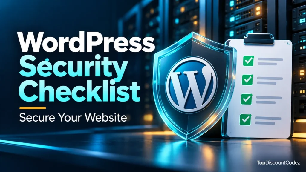WordPress security checklist with a protective shield and checked tasks