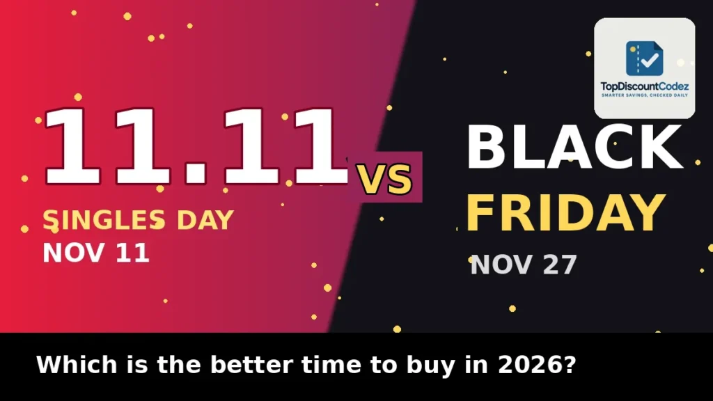 11.11 vs Black Friday 2026 comparison graphic by TopDiscountCodez