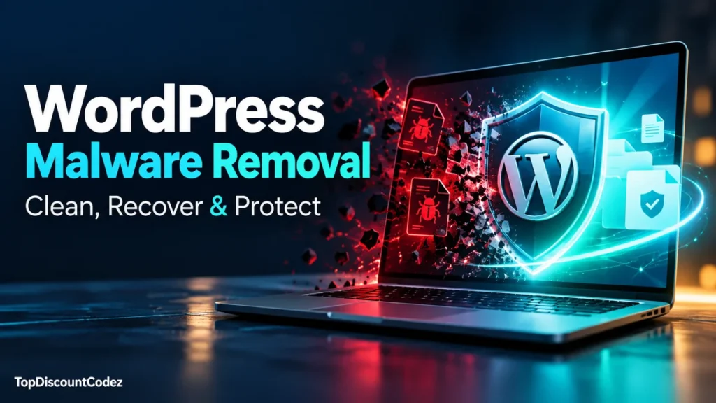 WordPress malware removal illustration with a laptop and protective shield