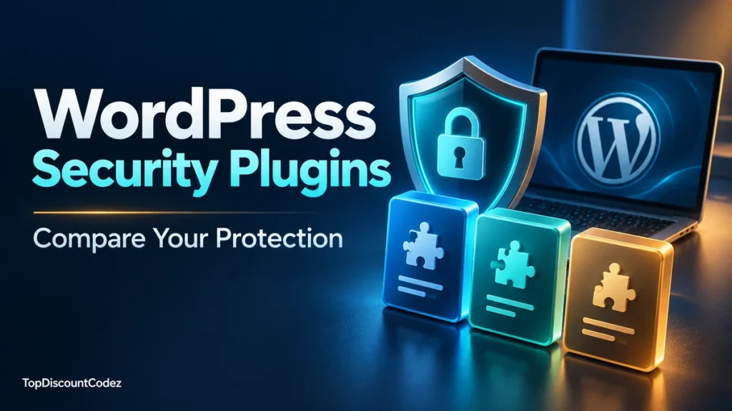 WordPress security plugins comparison with a shield, laptop and plugin cards